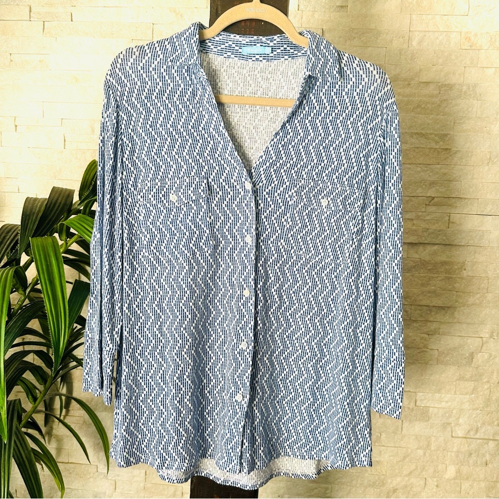 J. McLaughlin Blue White Linen Blend Lightweight Button Down Blouse Large